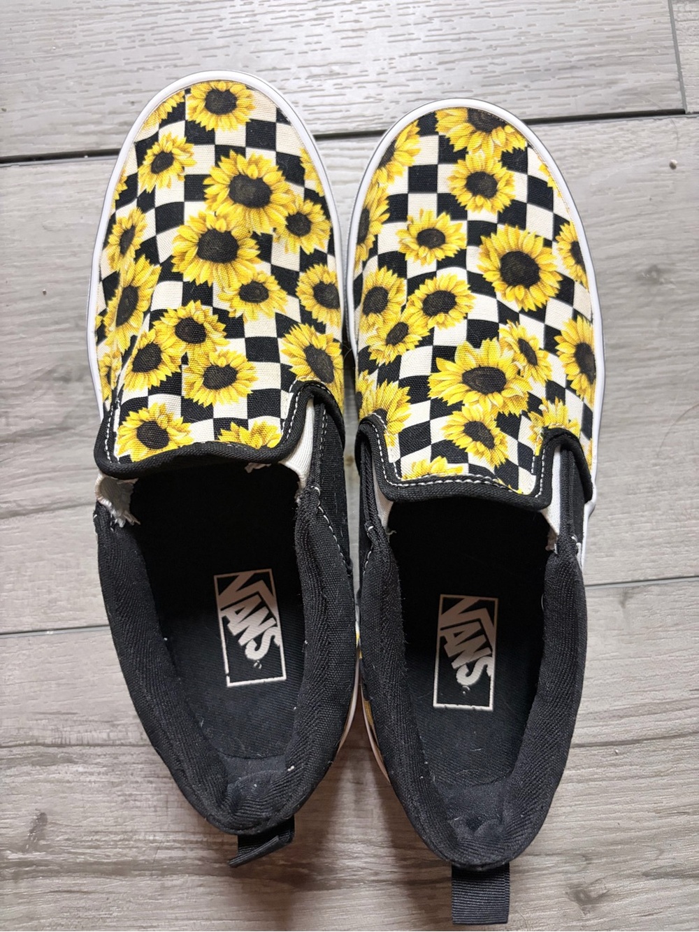 Vans Kids Checkerboard Slip-On Sneakers with Yellow Sunflower Print